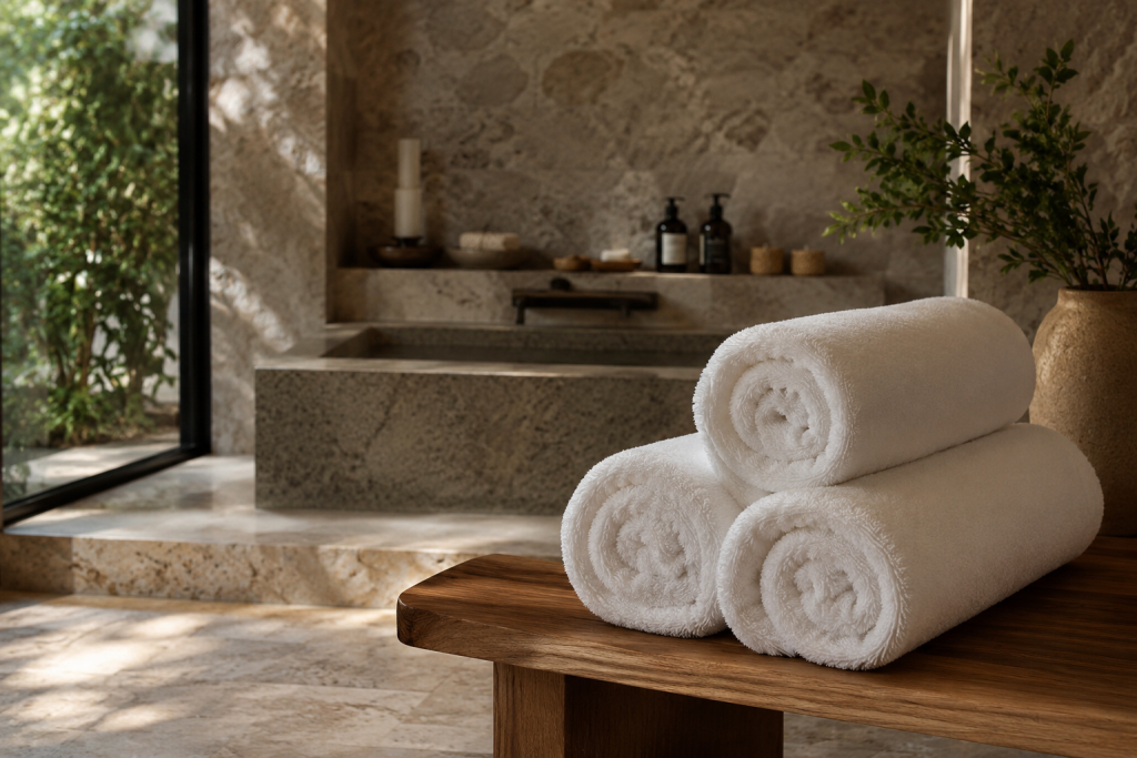 Serviettes blanches épaisses soigneusement disposées dans une salle de bain style spa.