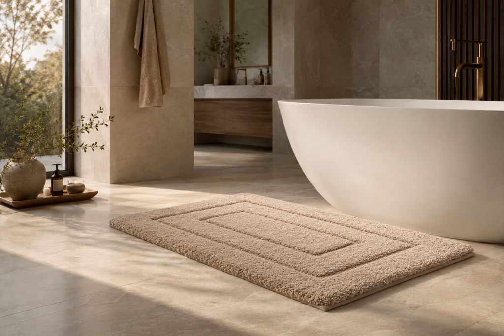 Grand tapis de bain beige moelleux apportant confort et élégance à la pièce.