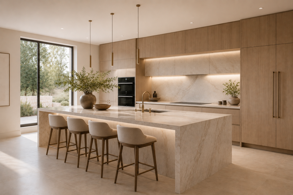 Cuisine minimaliste aux surfaces dégagées et parfaitement organisées
