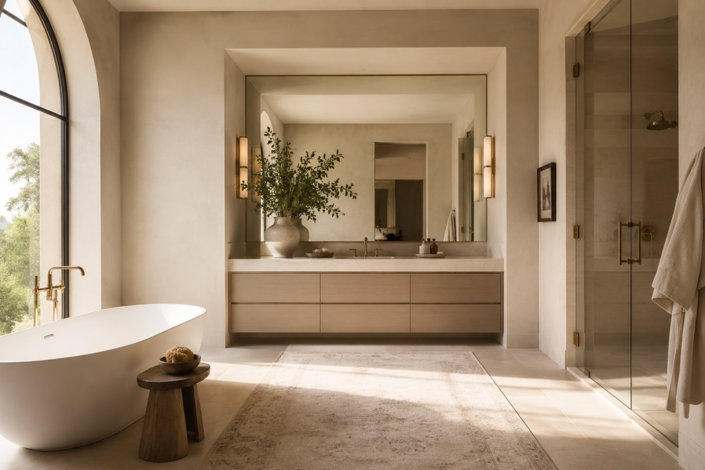 Salle de bain minimaliste aux tons beige et pierre créant une atmosphère calme et luxueuse