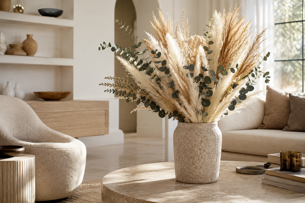 Branches décoratives dans un vase beige apportant du caractère au salon.
