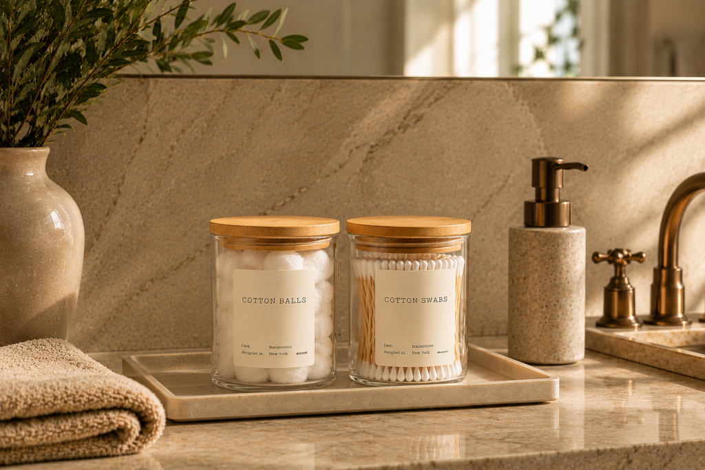 Bocaux en verre avec couvercles en bambou contenant des accessoires de salle de bain.