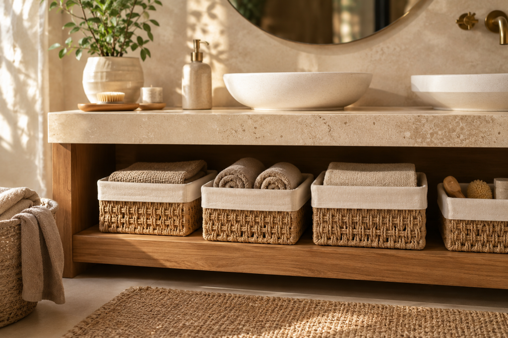 Boîtes de rangement tressées organisant les accessoires dans une salle de bain moderne.
