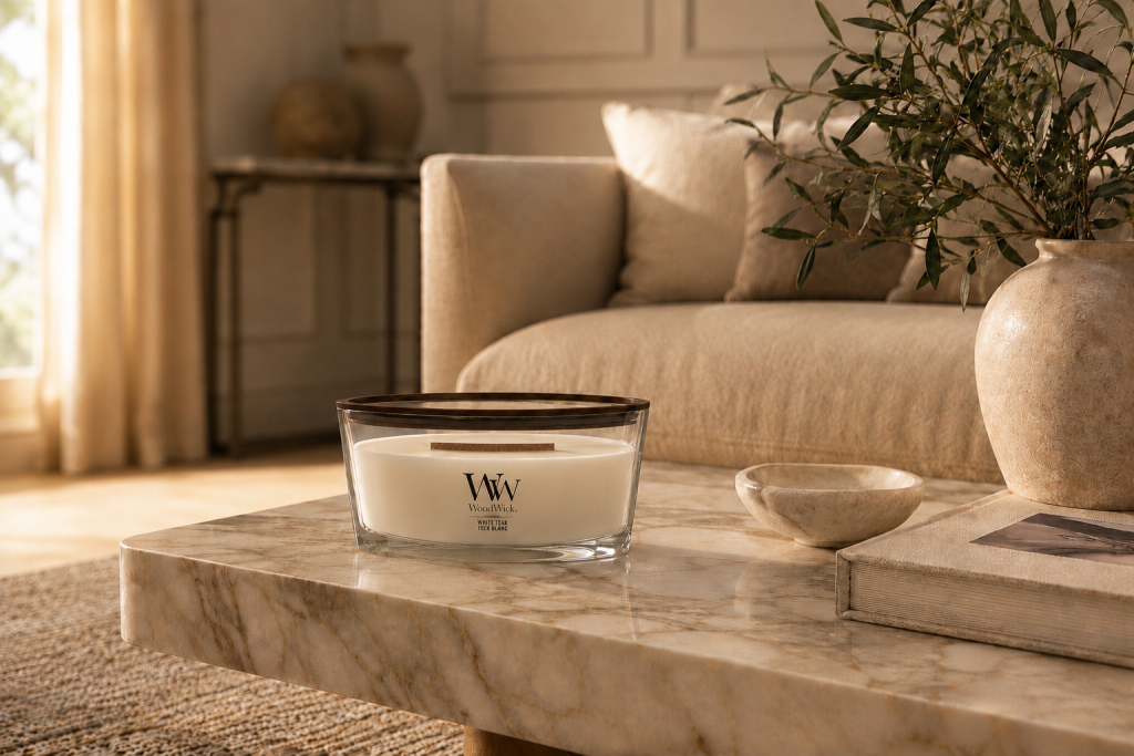 Bougie décorative haut de gamme mise en scène sur une table basse élégante.
