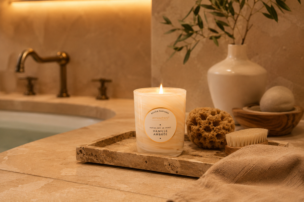 Bougie parfumée décorative créant une ambiance chaleureuse dans une salle de bain spa.