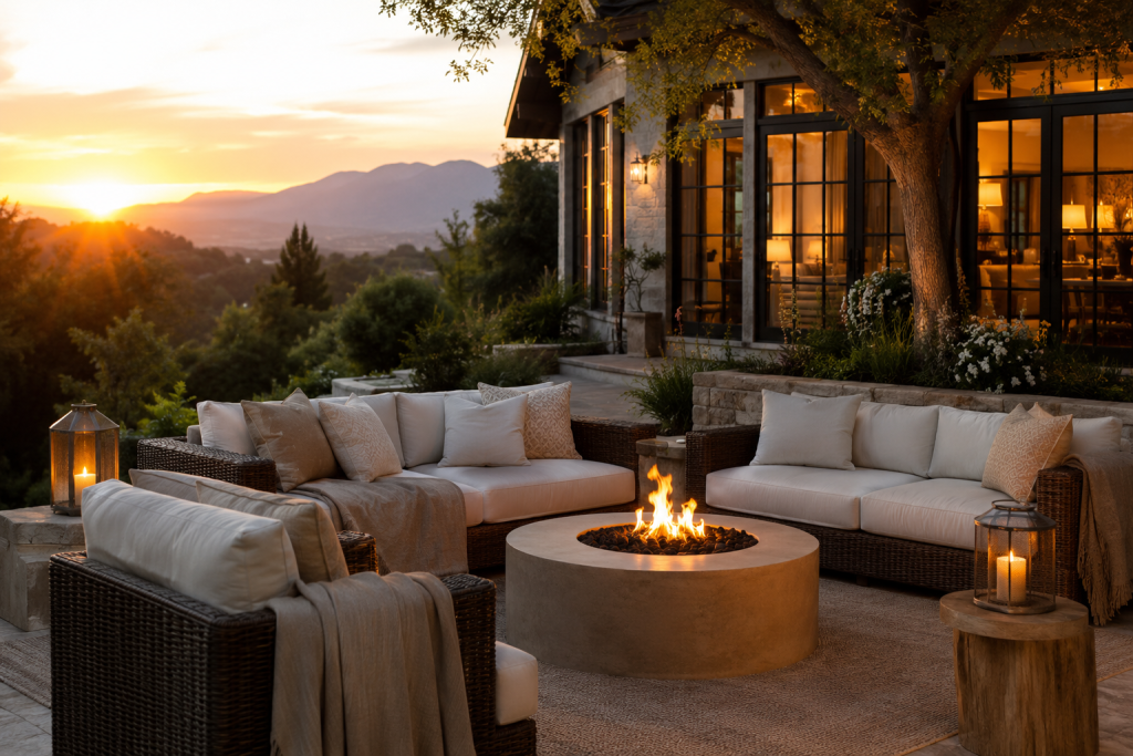 Terrasse élégante avec mobilier outdoor raffiné, oliviers et ambiance méditerranéenne apaisante.