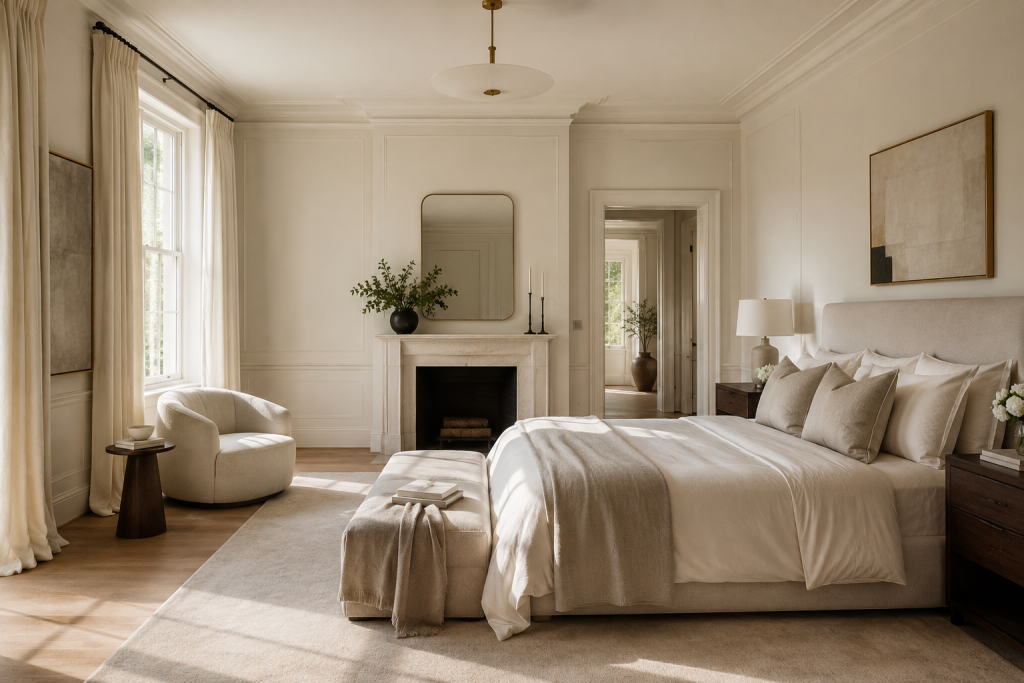 Chambre épurée et lumineuse avec décoration minimaliste dans des tons beige et greige