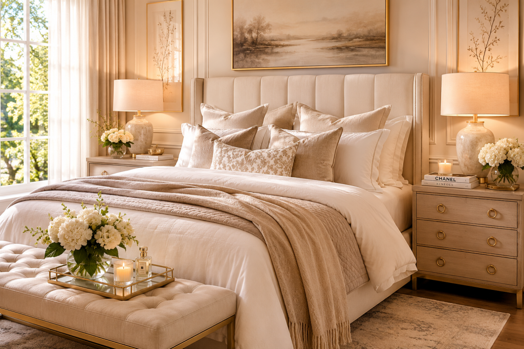 Tables de chevet assorties avec lampes décoratives dans une chambre harmonieuse et raffinée