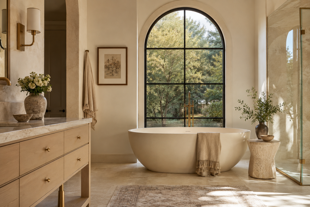 Salle de bain harmonieuse aux matériaux naturels illustrant le style Maison Velora