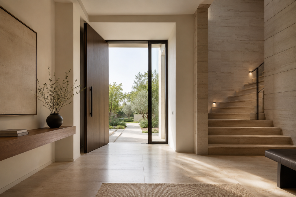 Entrée équilibrée et harmonieuse avec décoration intérieure élégante et épurée