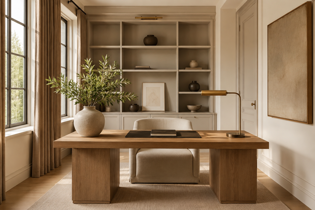 Bureau élégant parfaitement aménagé avec décoration raffinée, matières naturelles et atmosphère inspirante.