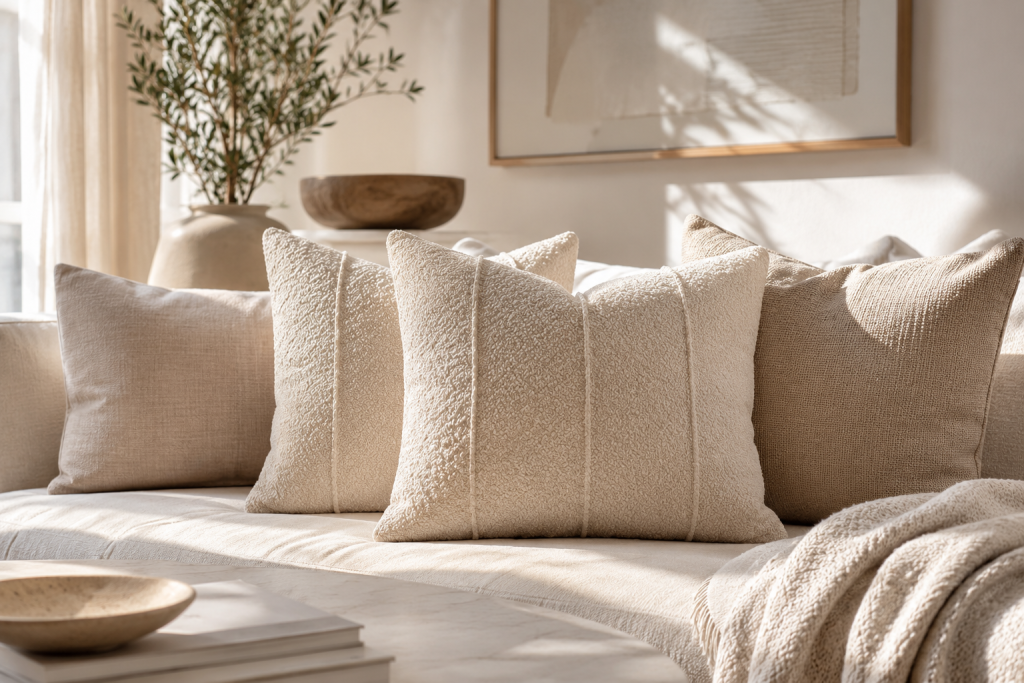 Coussins en lin et bouclette beige sur un canapé de salon élégant.
