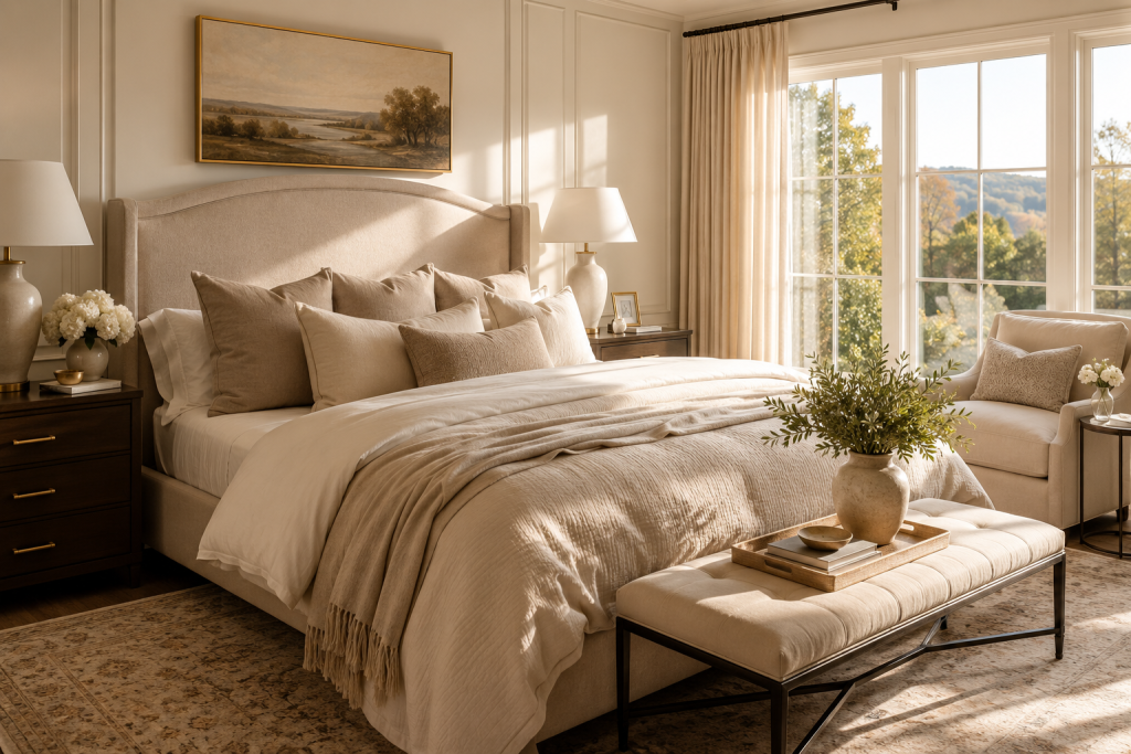 Chambre élégante aux tons beige et ivoire avec lit habillé de linge de lit raffiné et lumière naturelle chaleureuse