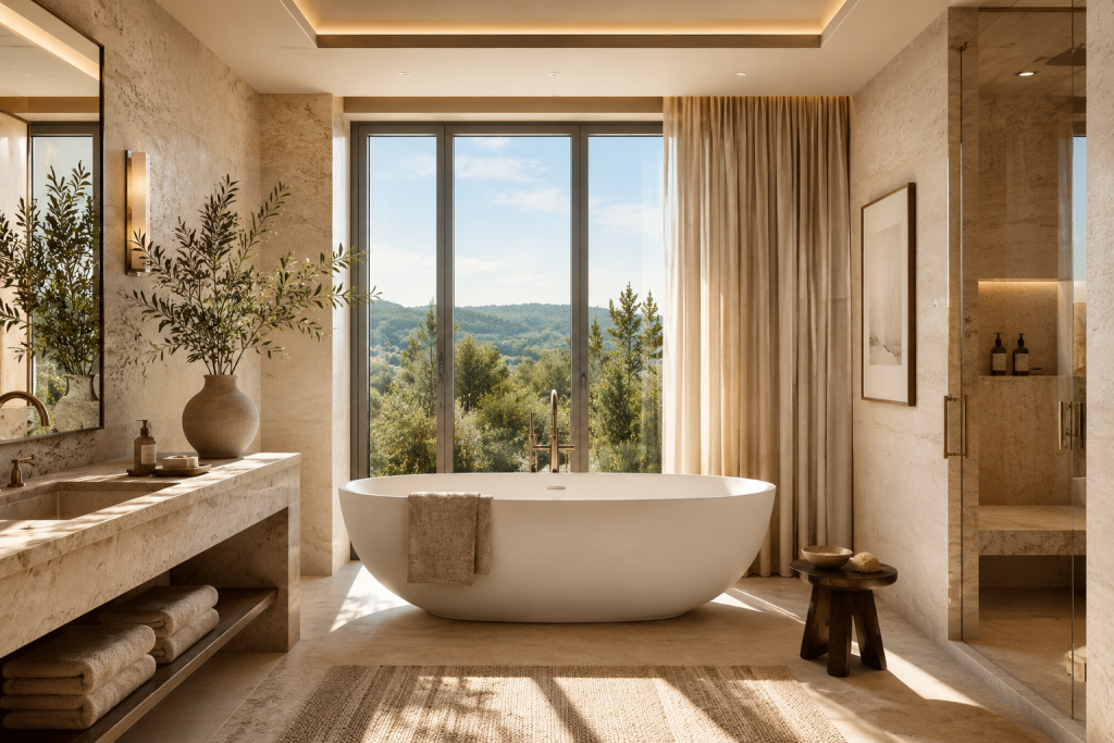Salle de bain luxueuse avec baignoire îlot, lumière naturelle et ambiance spa haut de gamme