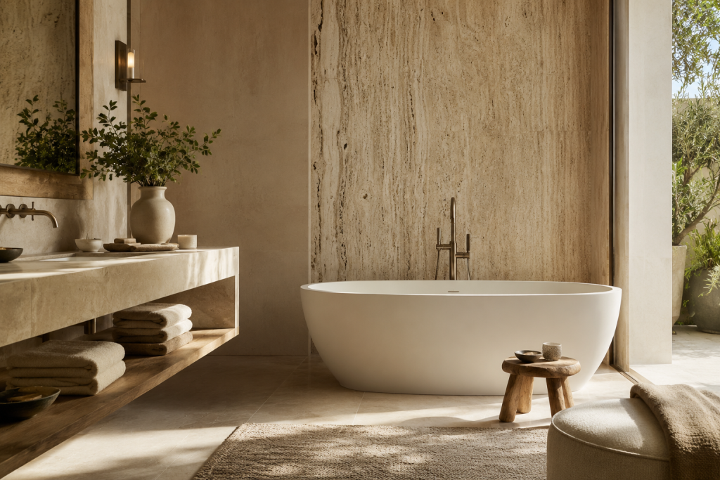 Salle de bain effet spa avec baignoire îlot, matériaux naturels et accessoires haut de gamme