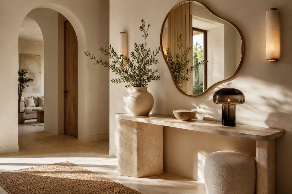 Entrée élégante moderne avec miroir et console décorative dans une ambiance chaleureuse