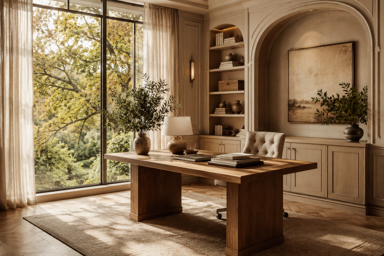Bureau élégant et inspirant avec mobilier en bois clair, lumière naturelle et décoration haut de gamme dans un espace de travail raffiné.
