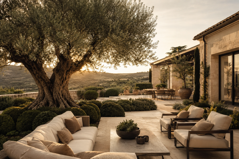 Terrasse de luxe avec olivier centenaire et mobilier outdoor haut de gamme dans un jardin méditerranéen élégant.
