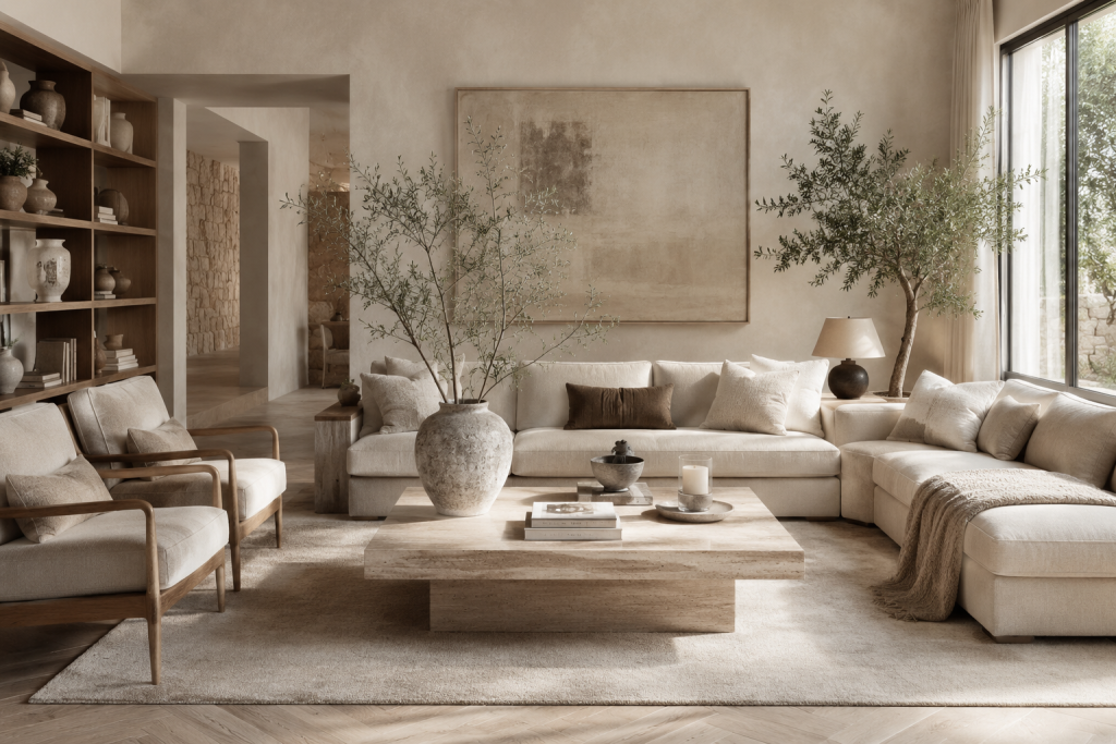 Salon élégant aux tons beige et ivoire avec canapé en lin, table basse en chêne, tapis neutre et accessoires déco raffinés dans un style Maison Velora.