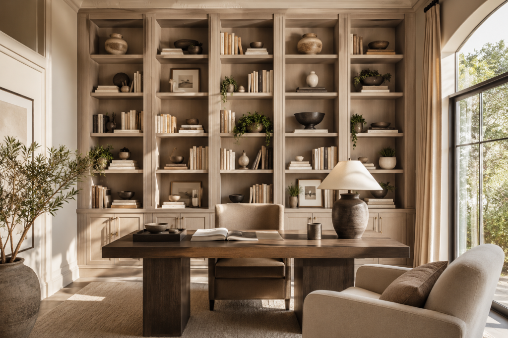 Bureau haut de gamme avec bibliothèque sur mesure décorée de livres et d'objets soigneusement sélectionnés.