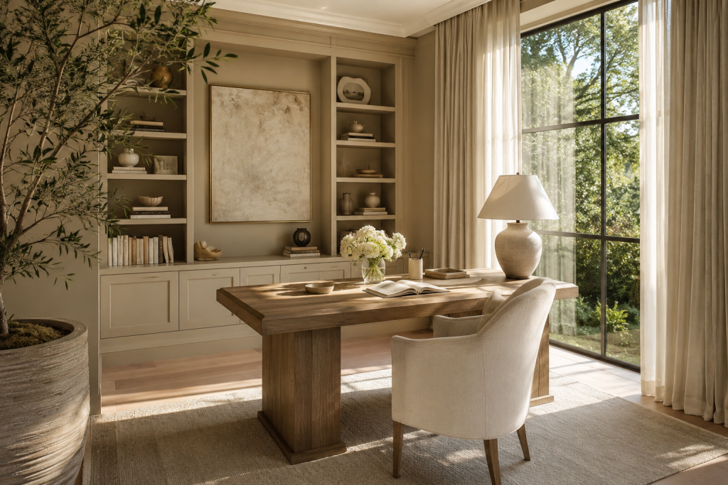 Bureau élégant installé près d'une grande fenêtre avec lumière naturelle favorisant la concentration et le confort de travail.