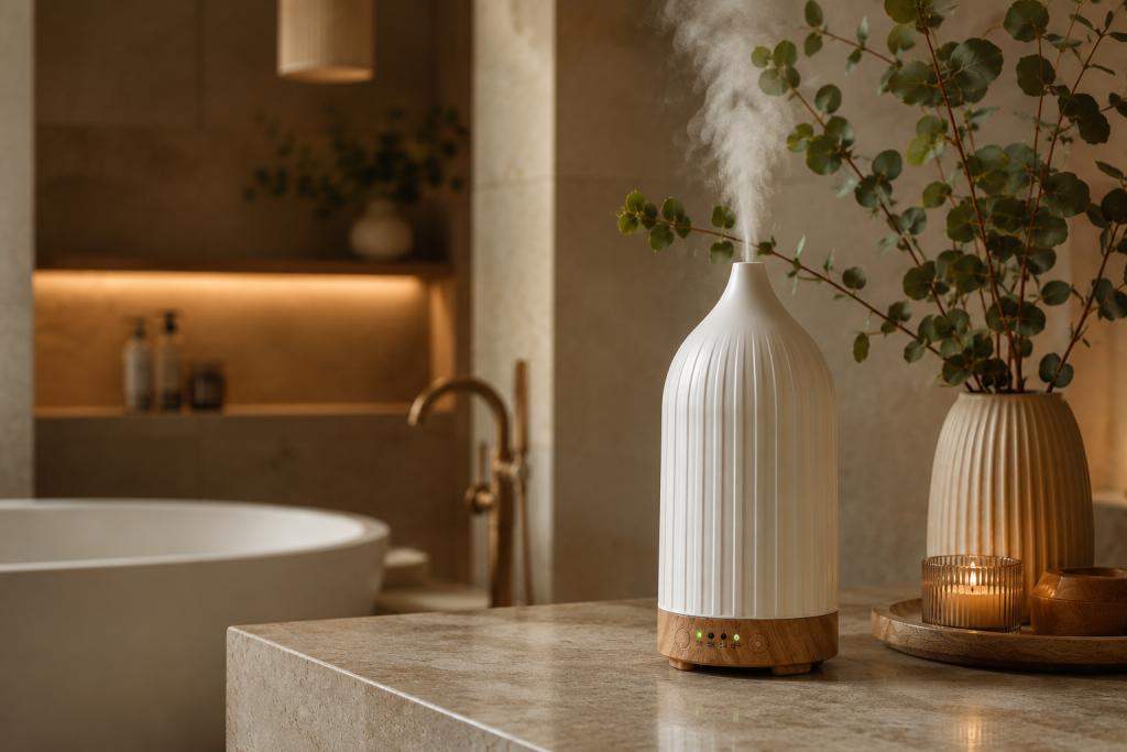 Diffuseur de parfum élégant posé sur un meuble de salle de bain raffiné.