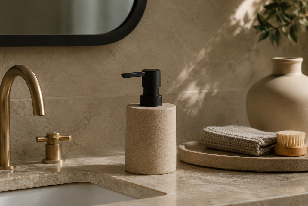 Distributeur de savon beige en céramique posé sur un plan de toilette élégant dans une salle de bain effet spa.