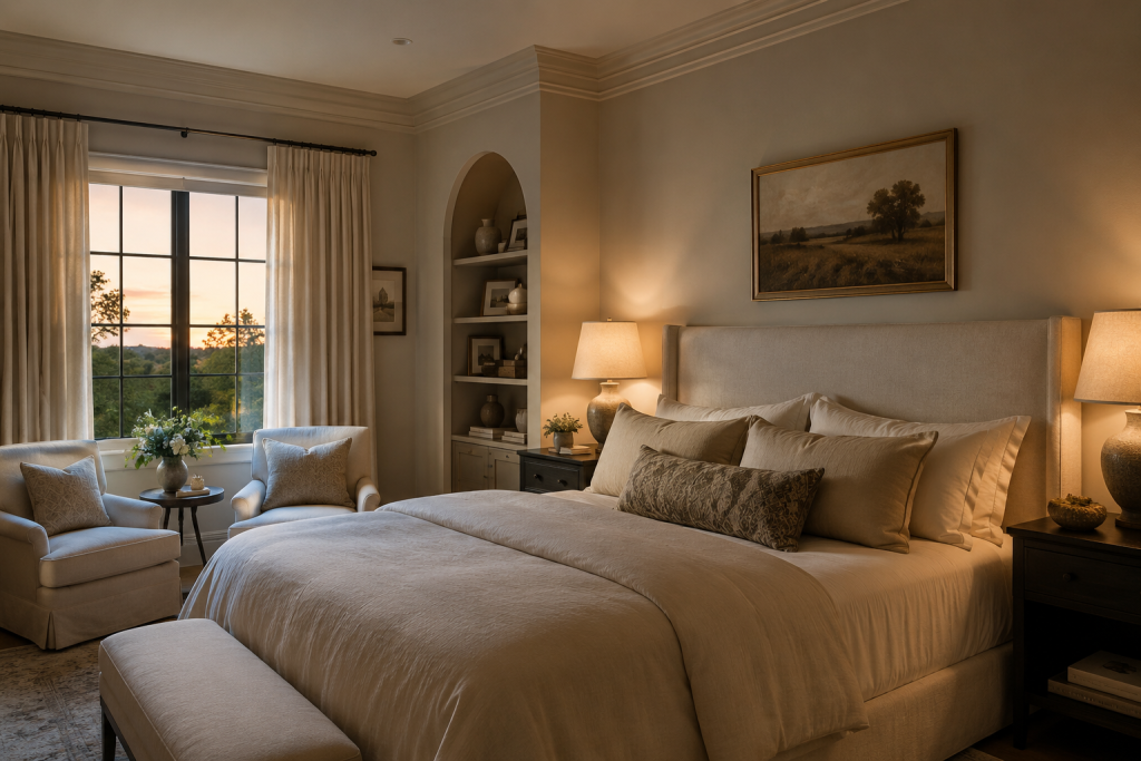 Chambre chaleureuse avec éclairage doux et lampes de chevet créant une ambiance cosy