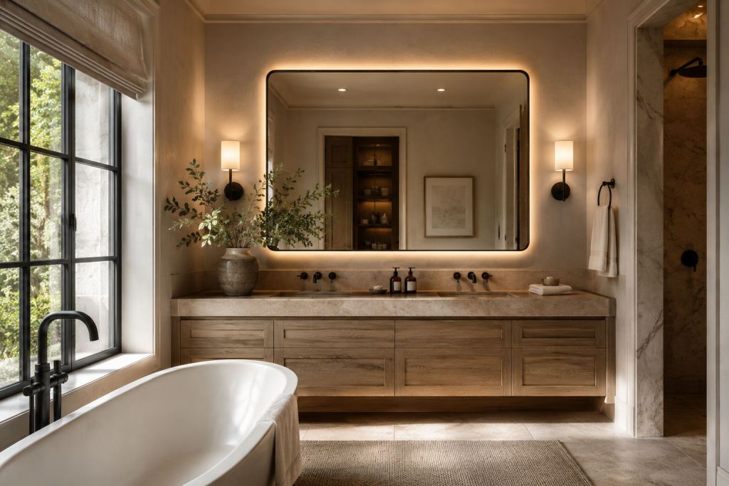 Salle de bain élégante avec miroir rétroéclairé et éclairage chaleureux inspiré des hôtels de luxe