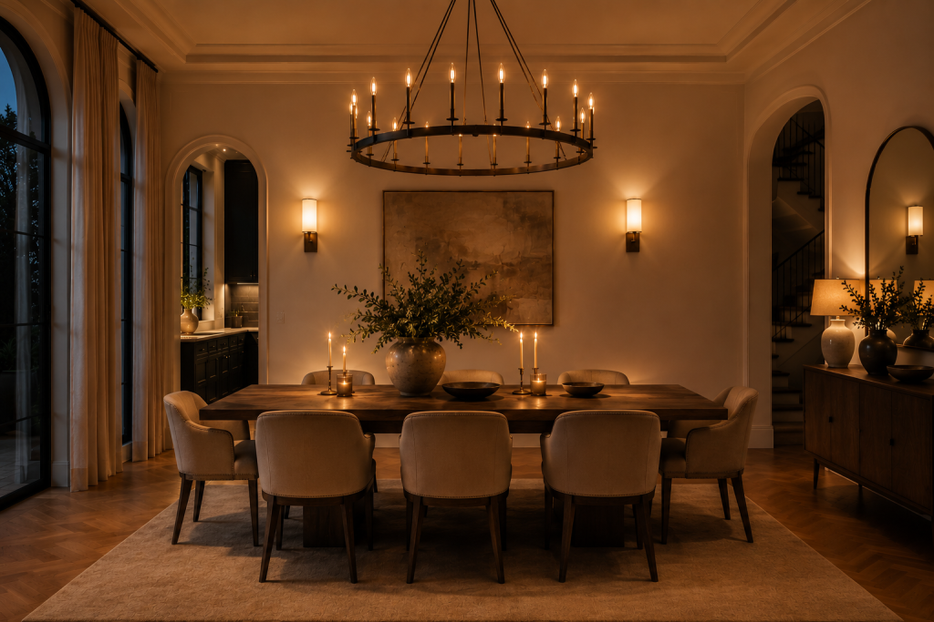 Idées éclairage salle à manger chaleureuse avec suspension design ambiance cosy style hôtel moderne