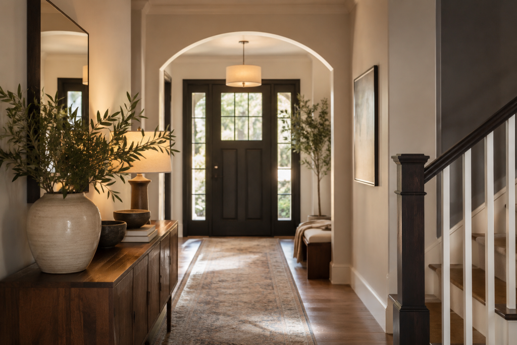 Entrée lumineuse avec éclairage doux naturel créant une ambiance chaleureuse