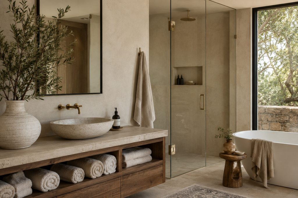 Salle de bain inspirée d'un spa avec bois naturel, pierre et textiles chaleureux