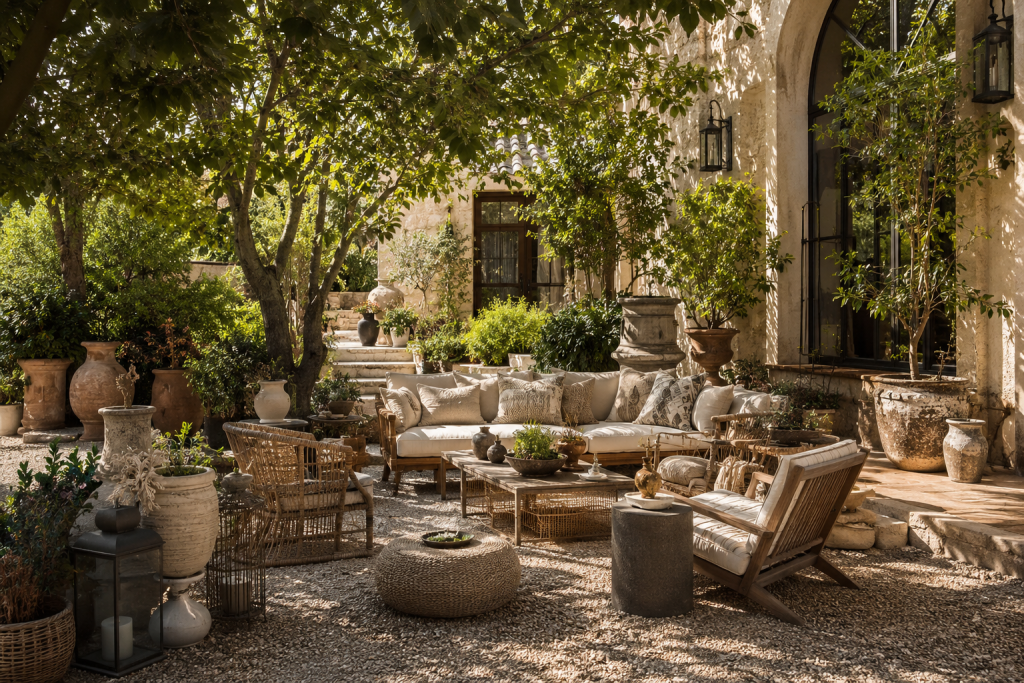 Terrasse décorée avec de nombreux accessoires et plantations créant une impression de surcharge visuelle.