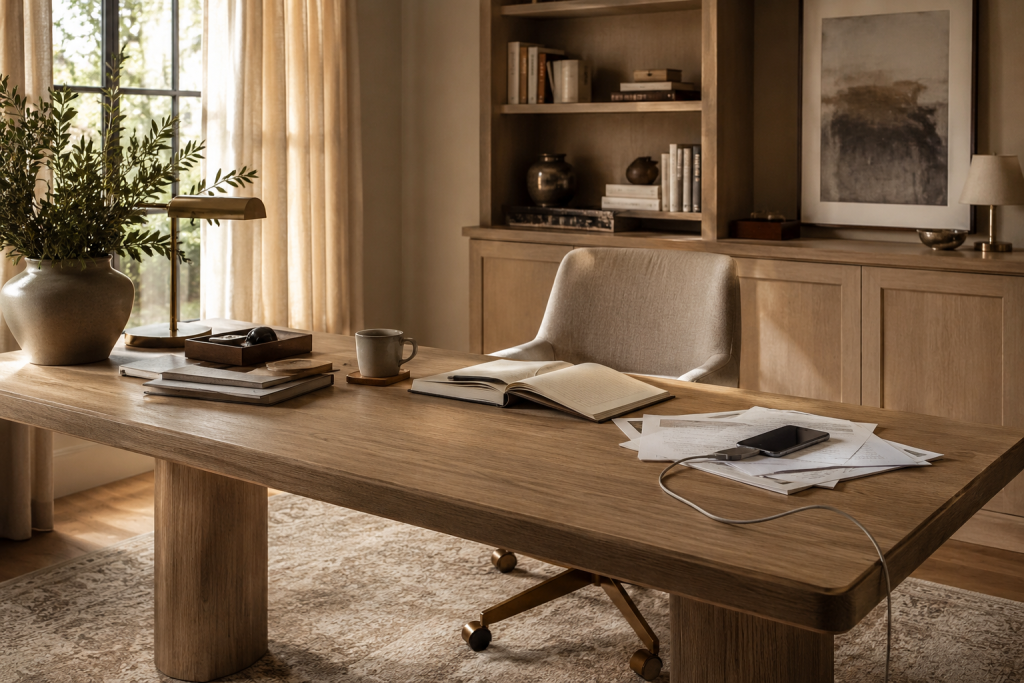 Bureau de luxe légèrement encombré montrant comment le désordre visuel réduit l'impression d'élégance et de sérénité.