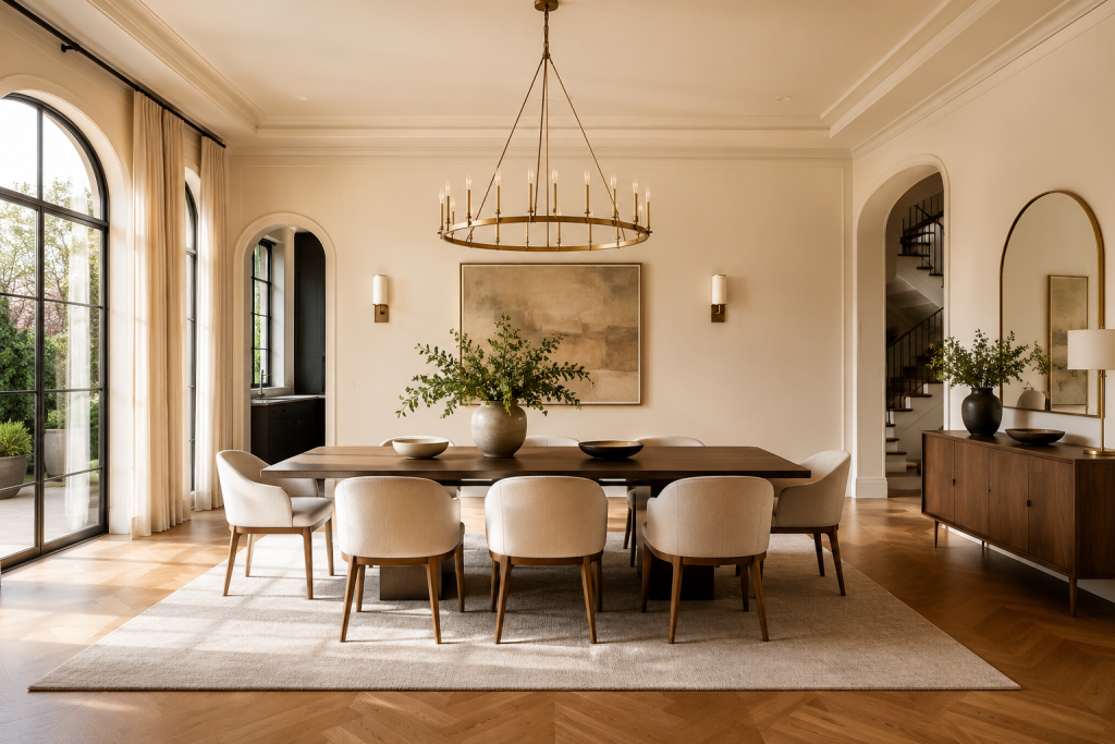 Salle à manger lumineuse et spacieuse avec décoration minimaliste et circulation fluide design intérieur