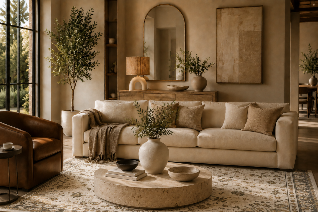 Les essentiels déco pour un salon luxueux : grand vase texturé, miroir en arche, tapis beige, lampe d'appoint et olivier décoratif dans un intérieur élégant et lumineux.