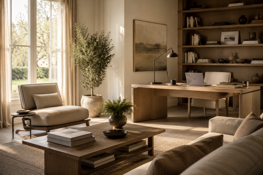 Bureau aménagé comme un salon élégant avec fauteuil confortable, matières naturelles et ambiance chaleureuse.