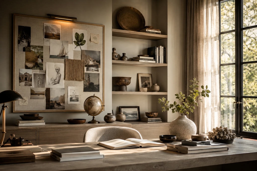 Bureau décoré avec livres de design, accessoires raffinés et objets inspirants dans un style élégant.
