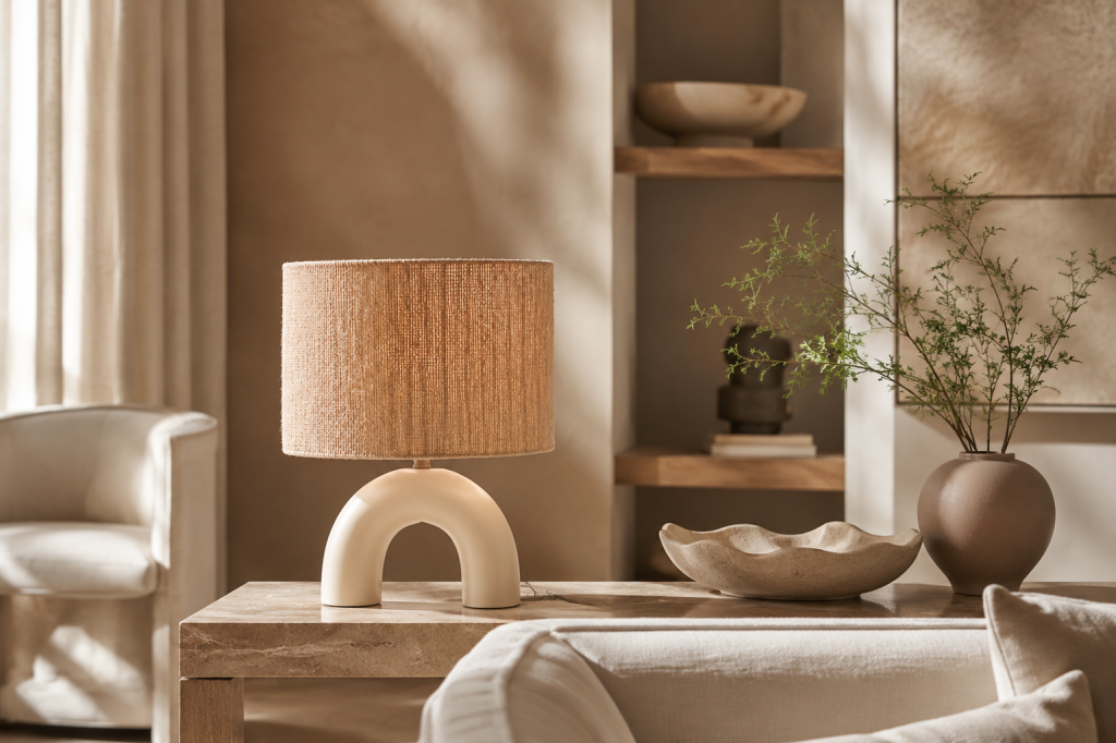 Lampe d'appoint en céramique apportant une lumière chaleureuse au salon.
