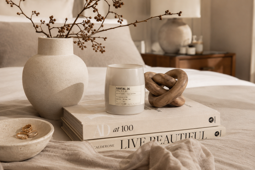 Accessoires décoratifs pour chambre élégante avec vase, bougie parfumée et livres déco