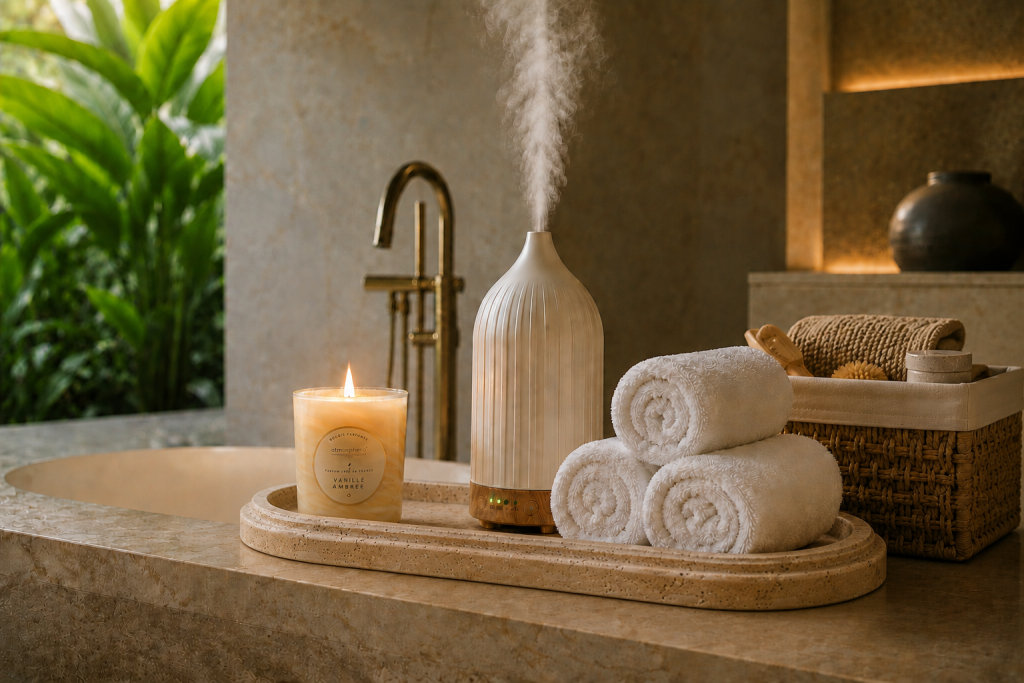 Collection d'accessoires de salle de bain élégants créant une atmosphère spa à la maison.