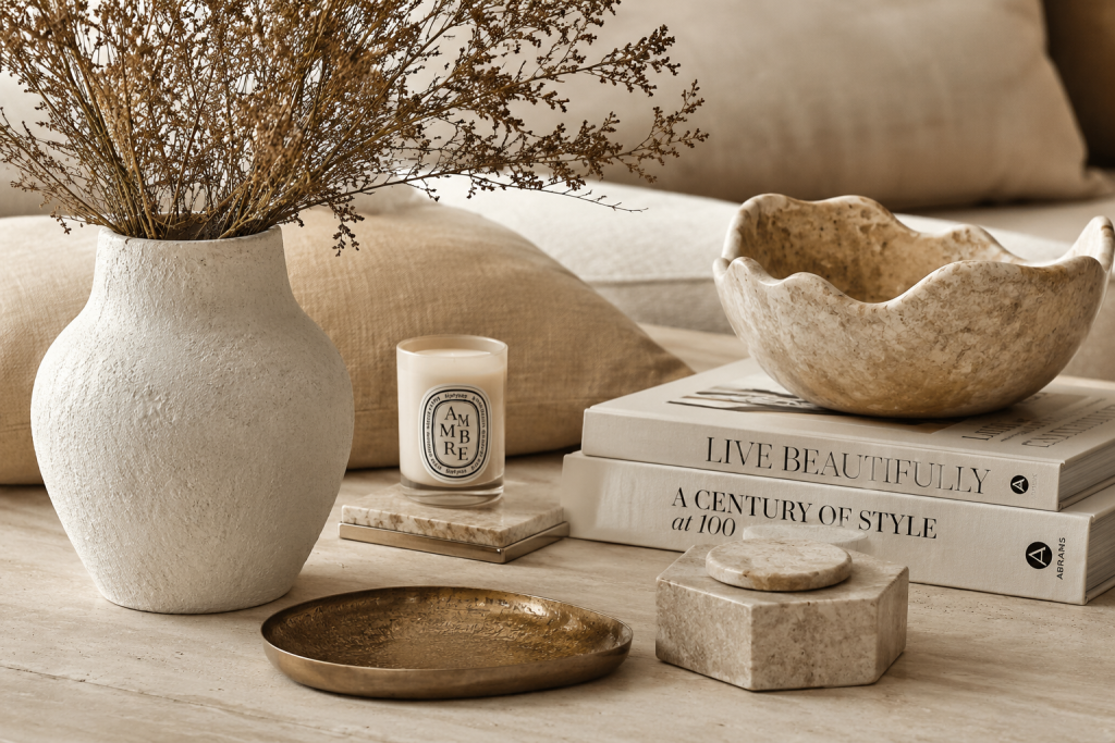Accessoires déco beige et naturels pour un salon élégant et harmonieux