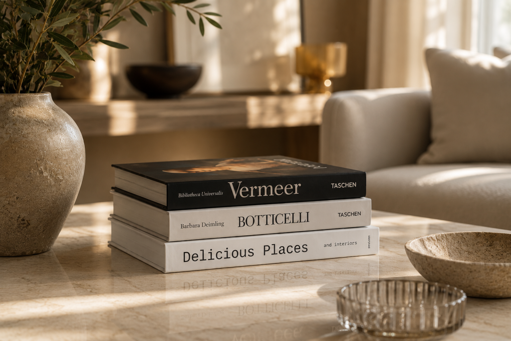 Livres décoratifs de luxe disposés sur une table basse dans un salon raffiné.
