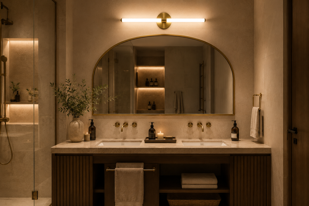 Éclairage chaleureux avec applique murale dans une salle de bain inspirée des spas.