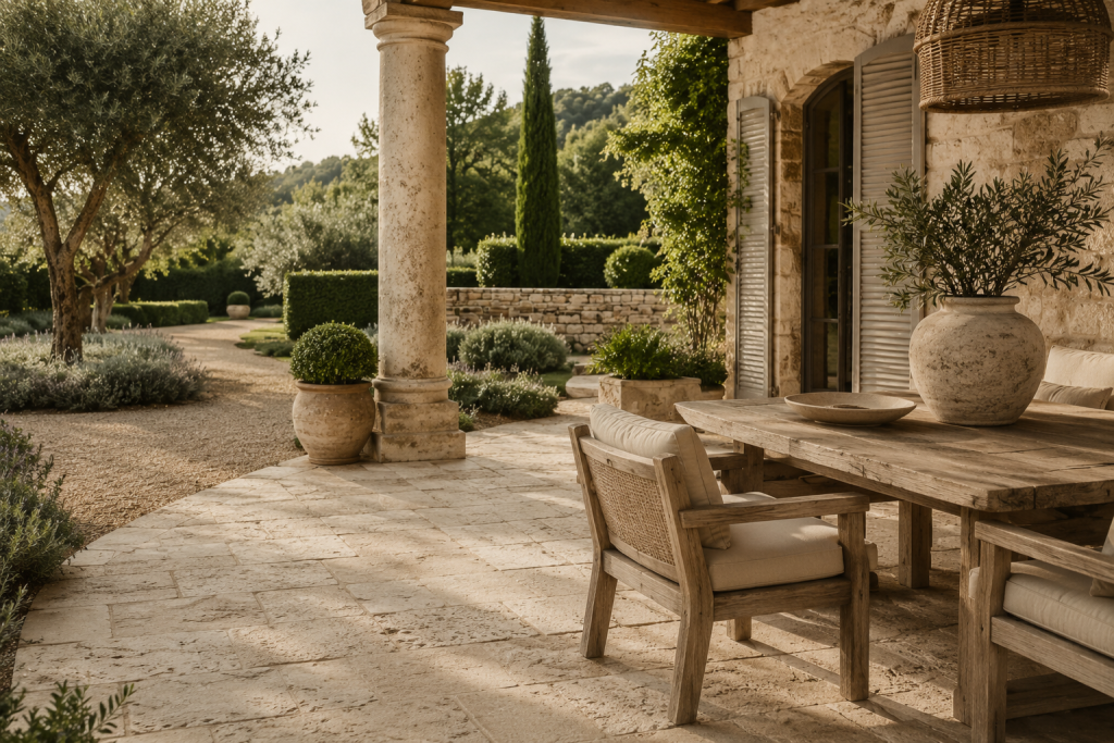 Terrasse en pierre naturelle et mobilier en bois patiné illustrant la beauté des matériaux intemporels.