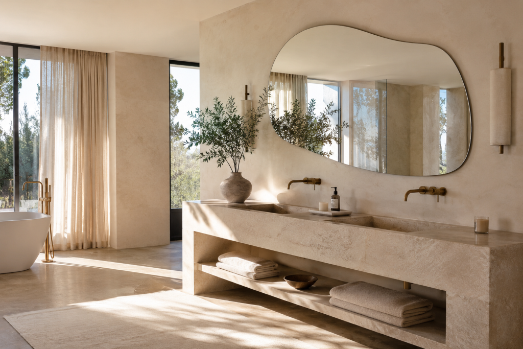 Grand miroir organique au-dessus d'un meuble vasque dans une salle de bain lumineuse