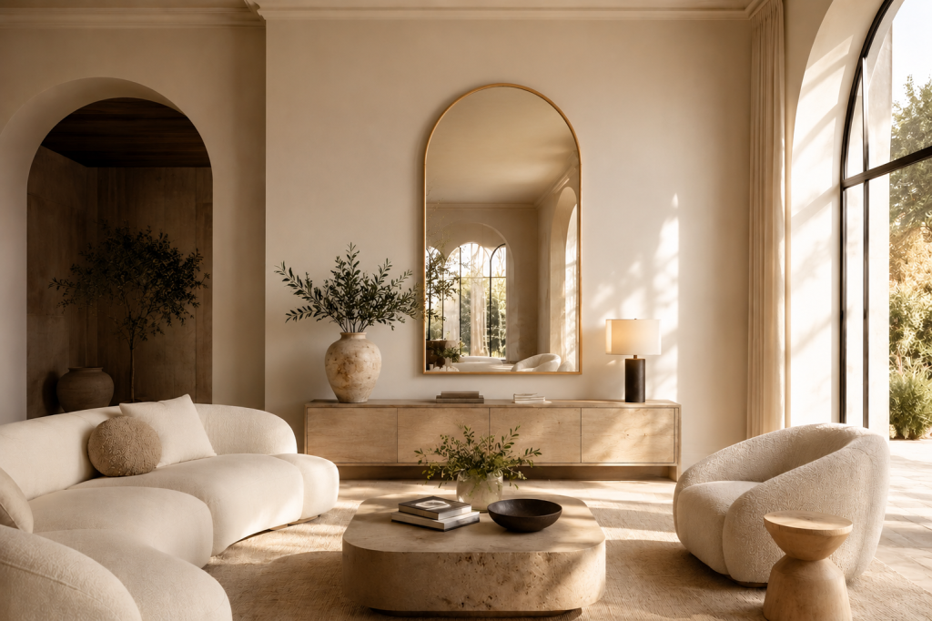 Grand miroir arche reflétant la lumière naturelle dans un salon lumineux.
