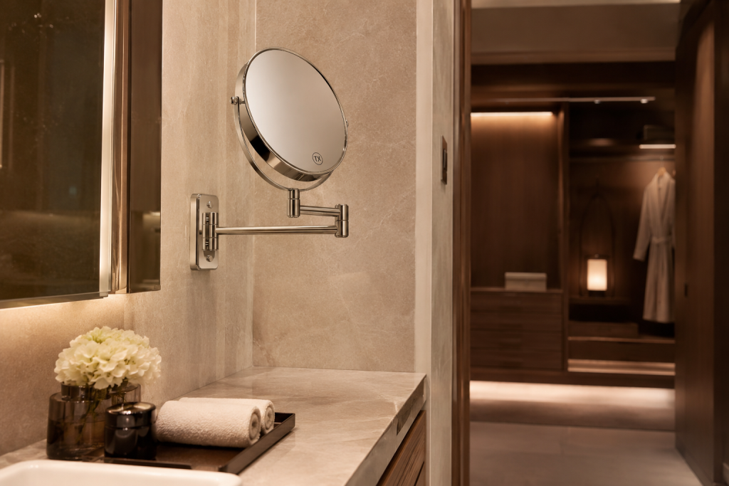 Miroir grossissant mural inspiré des hôtels de luxe dans une salle de bain élégante.