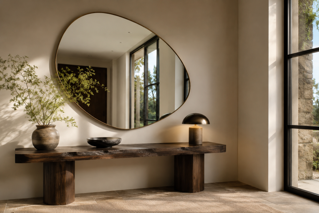 Entrée moderne avec grand miroir décoratif et console élégante en bois