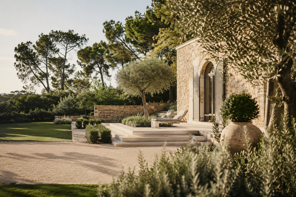 Jardin paysager haut de gamme avec grands espaces ouverts et aménagement extérieur minimaliste